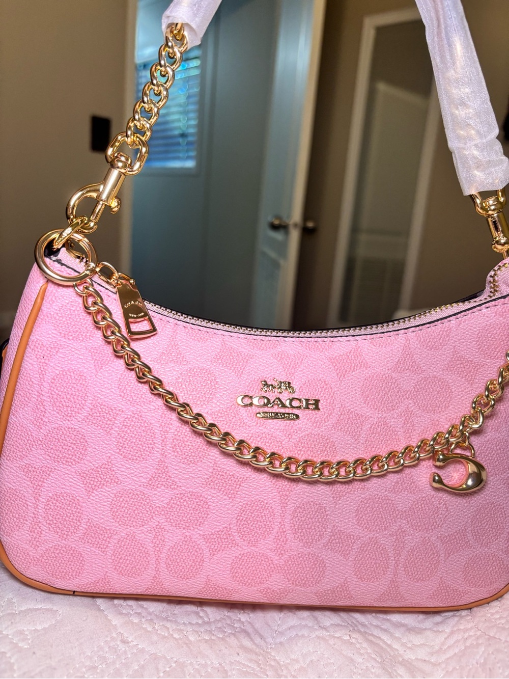 Coach Pink Signature Chain Shoulder Bag with Gold Hardware